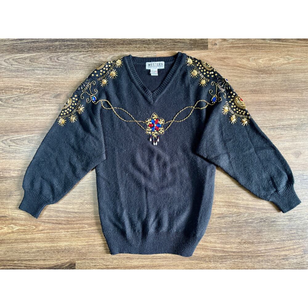 Vintage Western Connection Women's Small Black Sweater Sequins Sparkle 80s 90s
